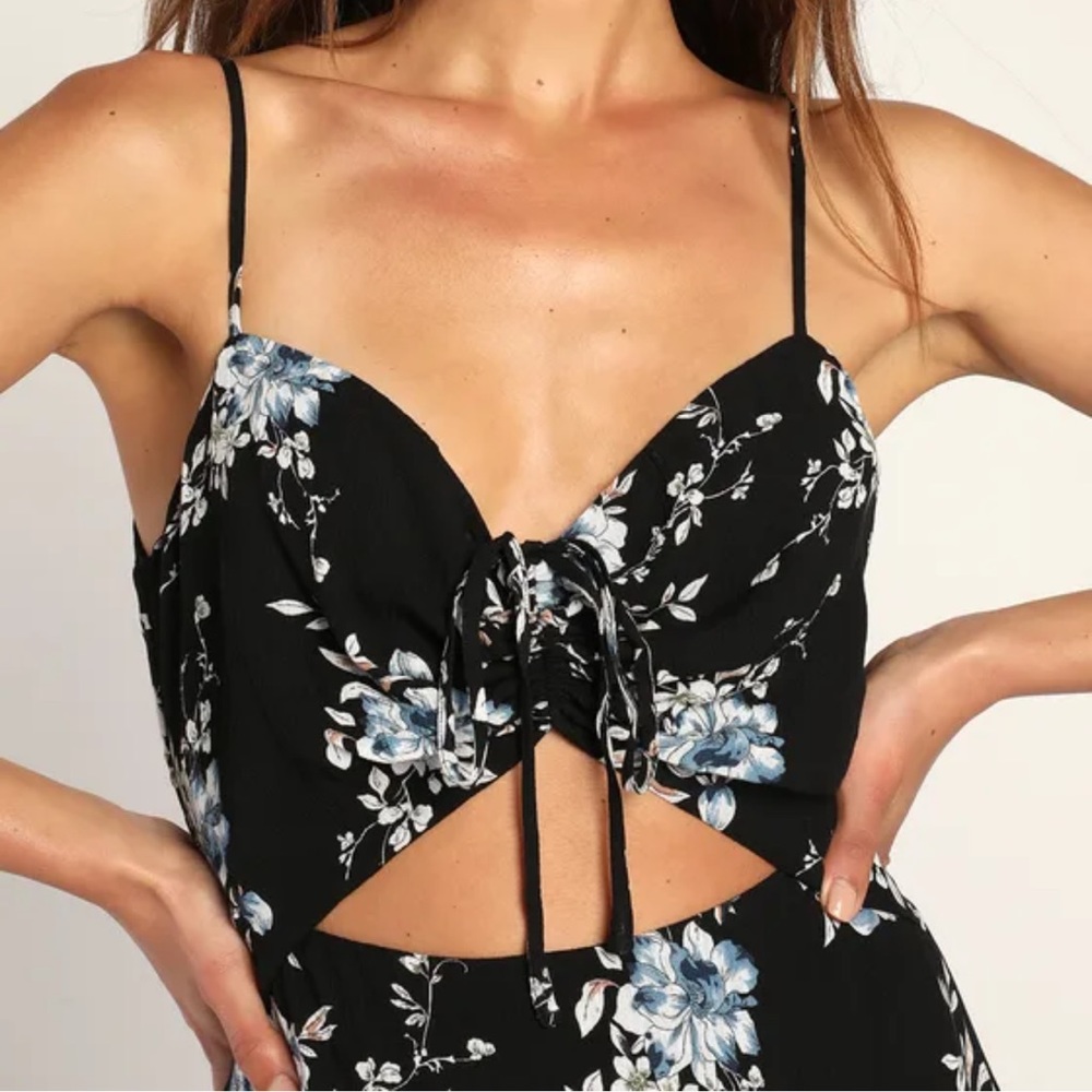 Lulus Sweetest Vision Black Floral Print Cutout Midi Dress